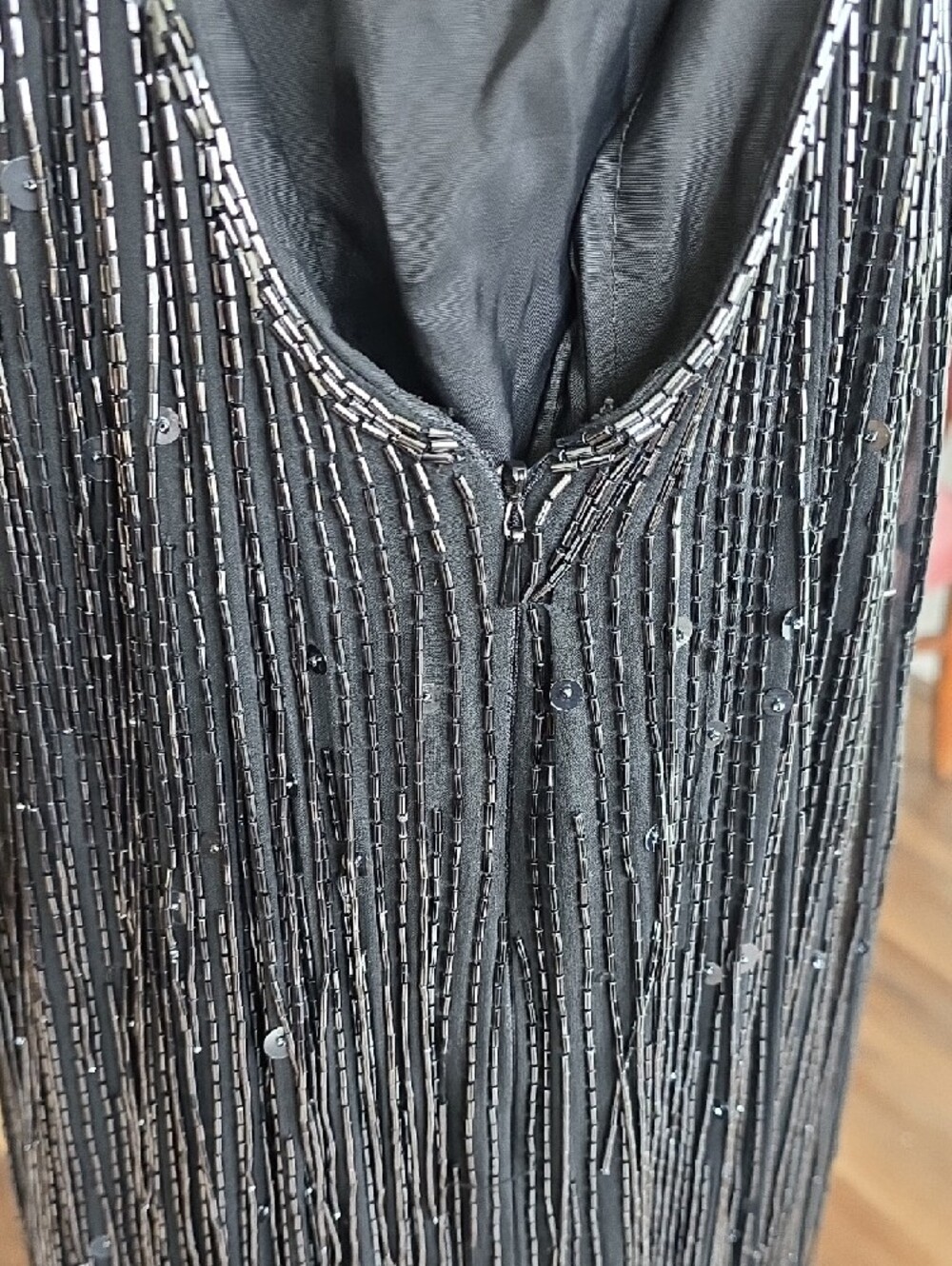 Black Beaded And Sequined Fringe Evening Dress with Crisscross Straps - Picture 5 of 10